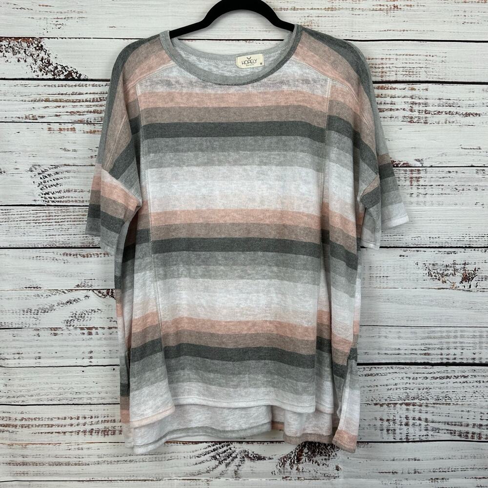 Women's Hopely Grey Pink White Stripe Oversized Dolman Sleeve Knit Tunic Size M